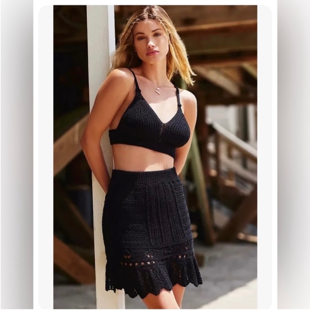Anthropologie Black Crochet Skirt and crop top set Size M